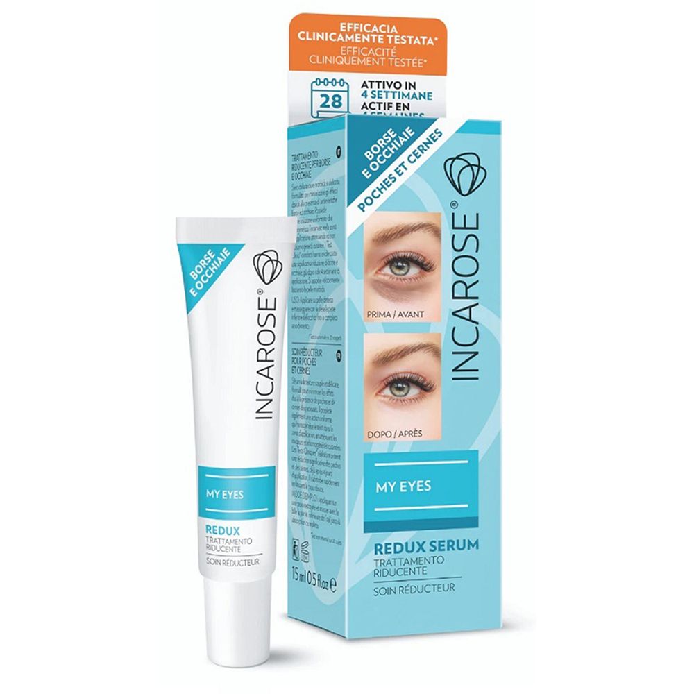 Tubo e confezione di siero. Scritta: Incarose, My Eyes, Redox Serum. Confezione con immagini prima/dopo.