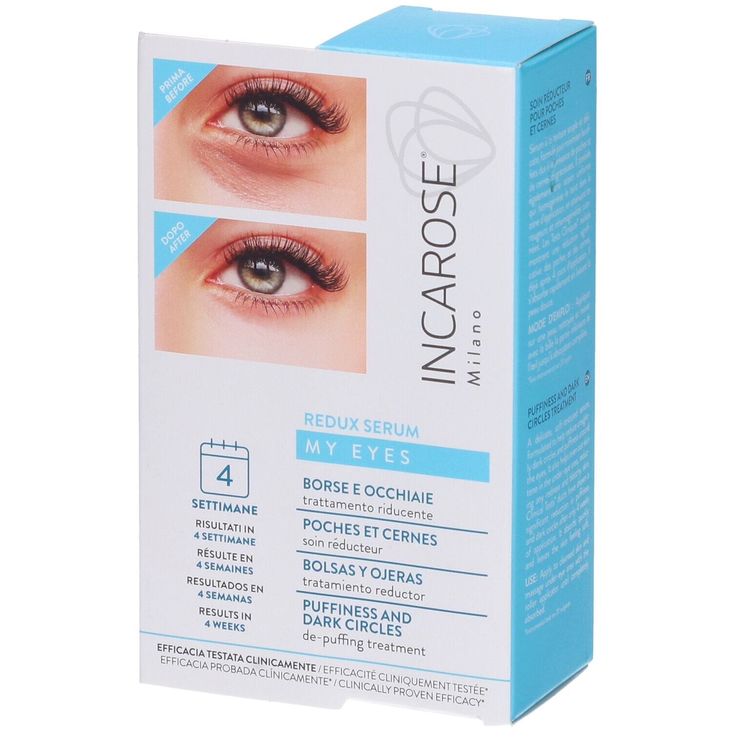 Confezione con immagini prima/dopo. Scritta: Incarose, My Eyes, Redux Serum. Risultati in 4 settimane.
