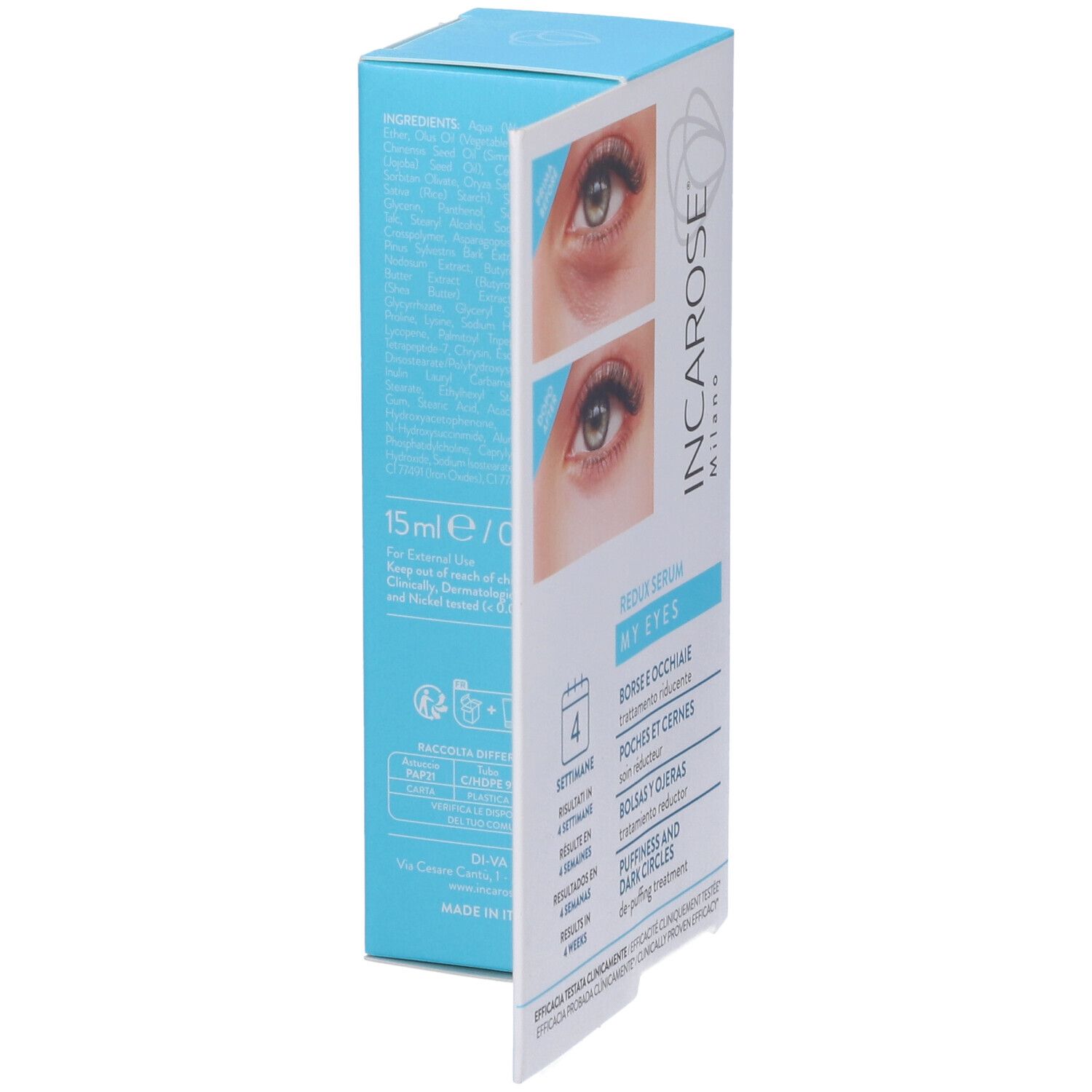 Confezione con interno aperto. Ingredienti, My Eyes, Redux Serum. Risultati in 4 settimane.