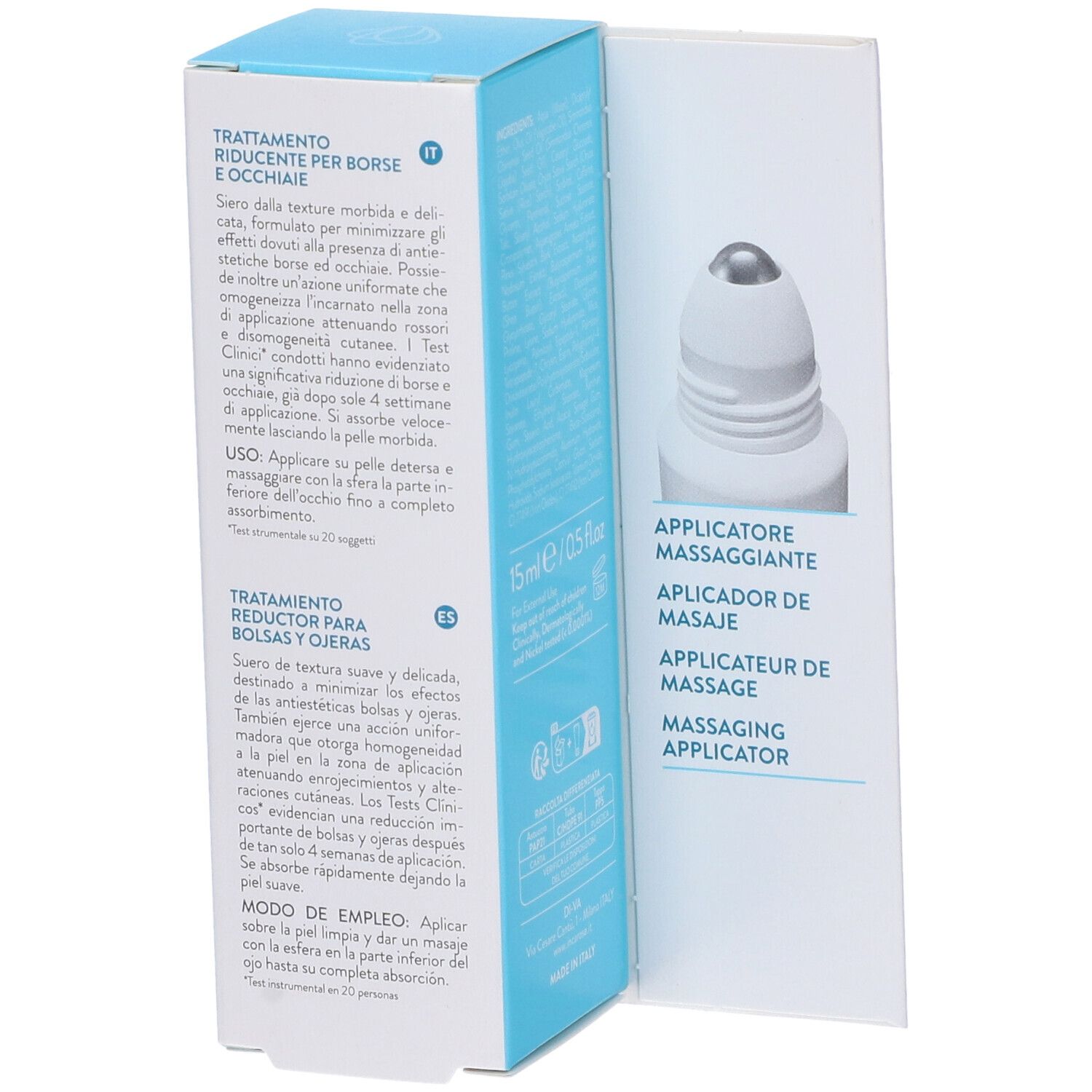 Confezione con interno aperto. Applicatore massaggiante. 15 ml. Istruzioni per l'uso.