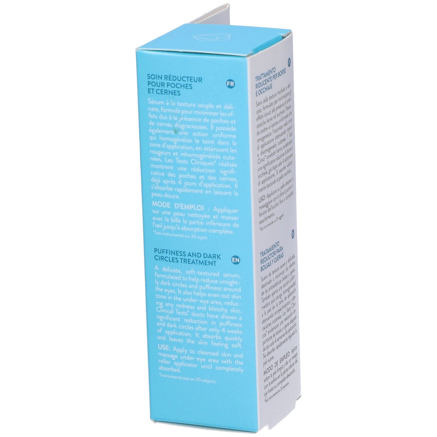 Confezione con testo. Soin Réducteur, Puffiness and Dark Circles Treatment. Modo d'uso.