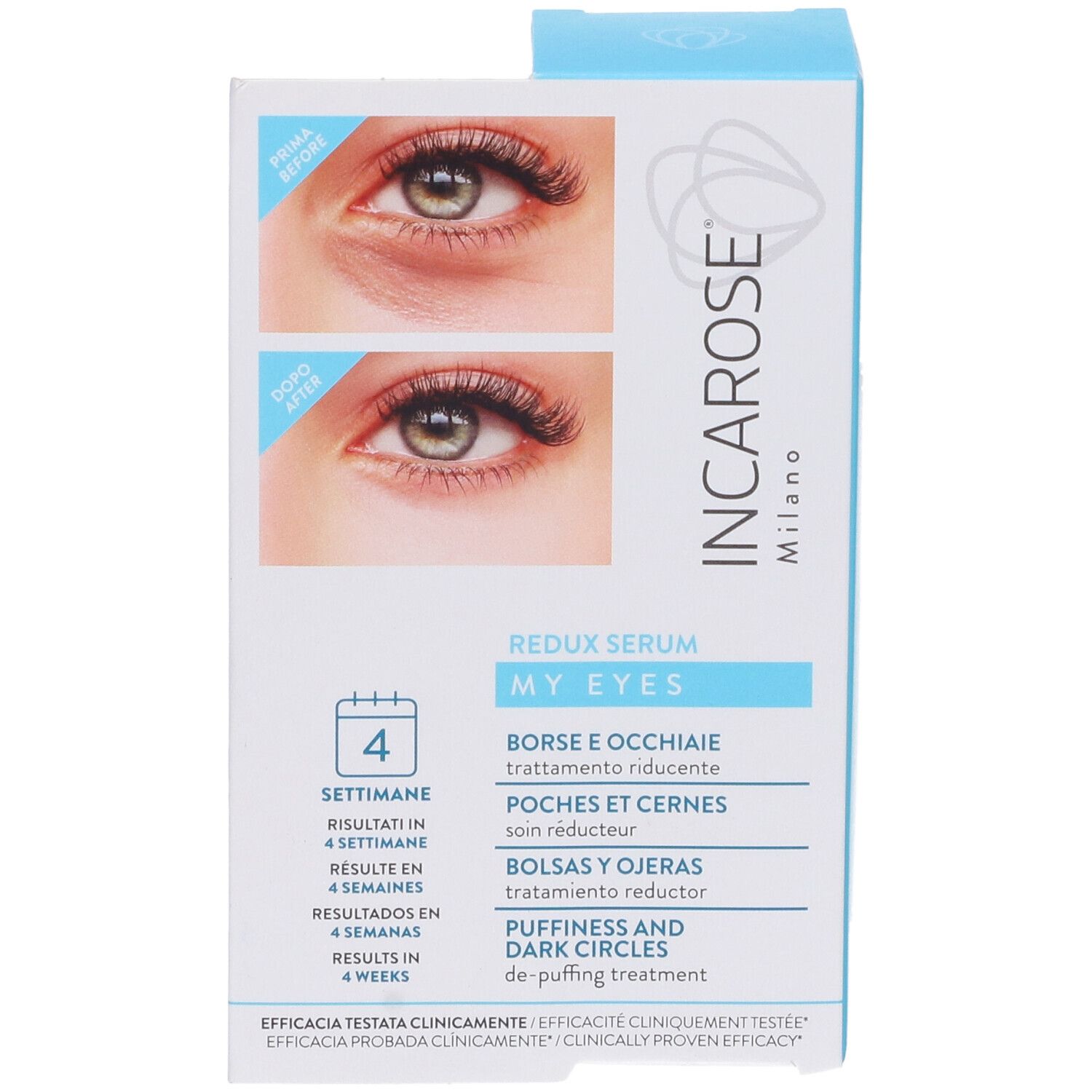 Confezione con immagini prima/dopo. Scritta: Incarose, My Eyes, Redux Serum. Risultati in 4 settimane.