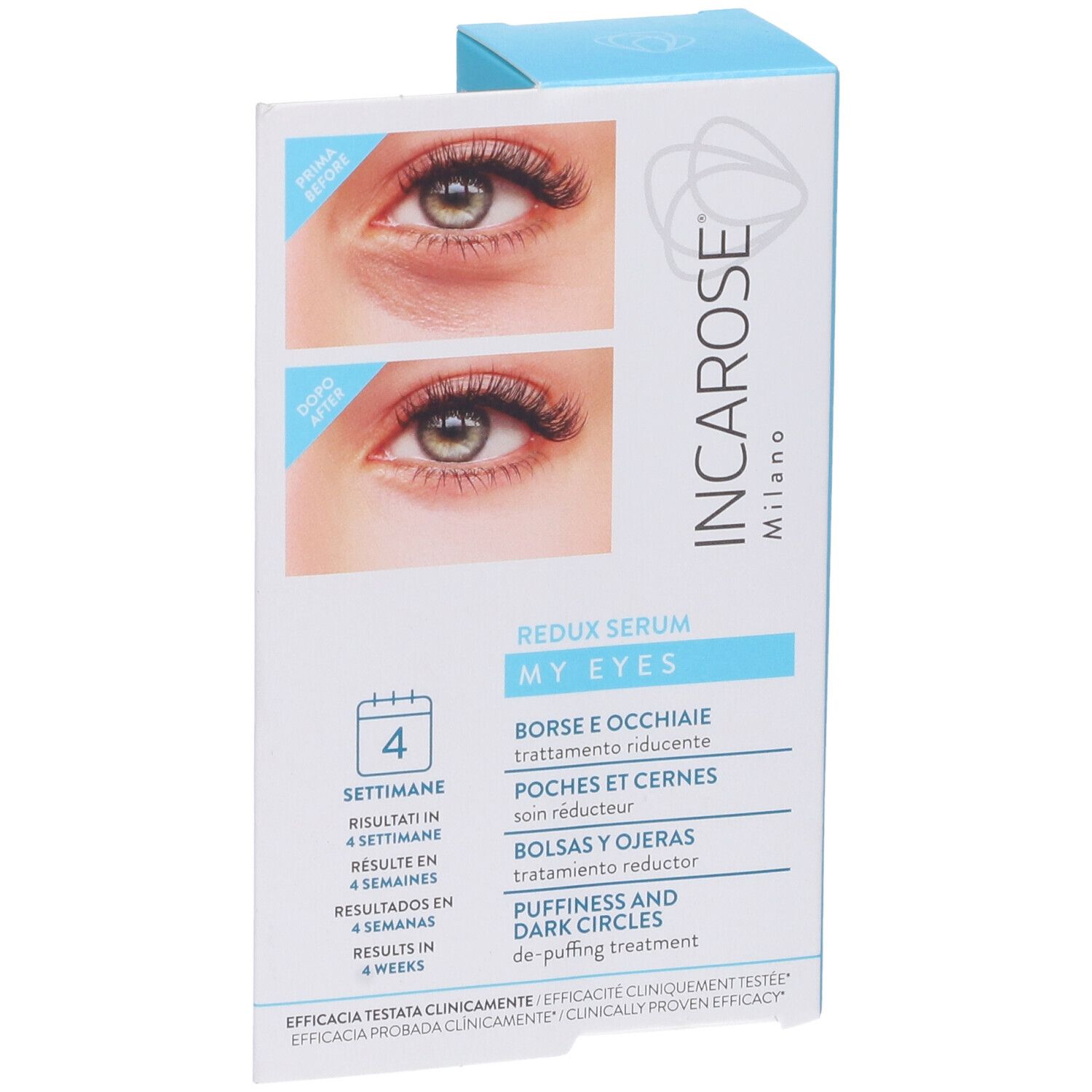 Confezione con immagini prima/dopo. Scritta: Incarose, My Eyes, Redux Serum. Risultati in 4 settimane.