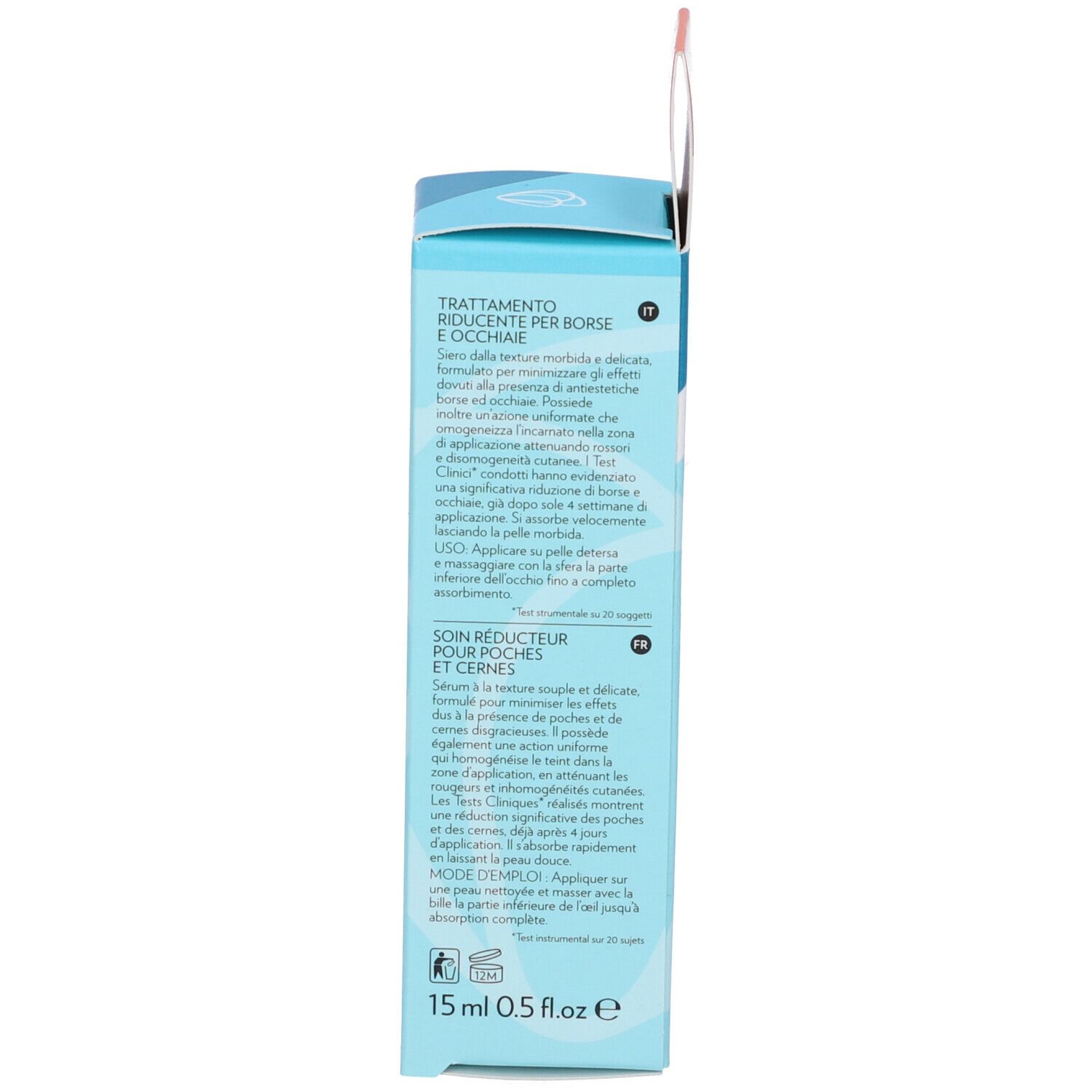 Confezione con testo. 15 ml, 0.5 fl.oz. Modo d'uso. Soin Réducteur, Puffiness and Dark Circles.