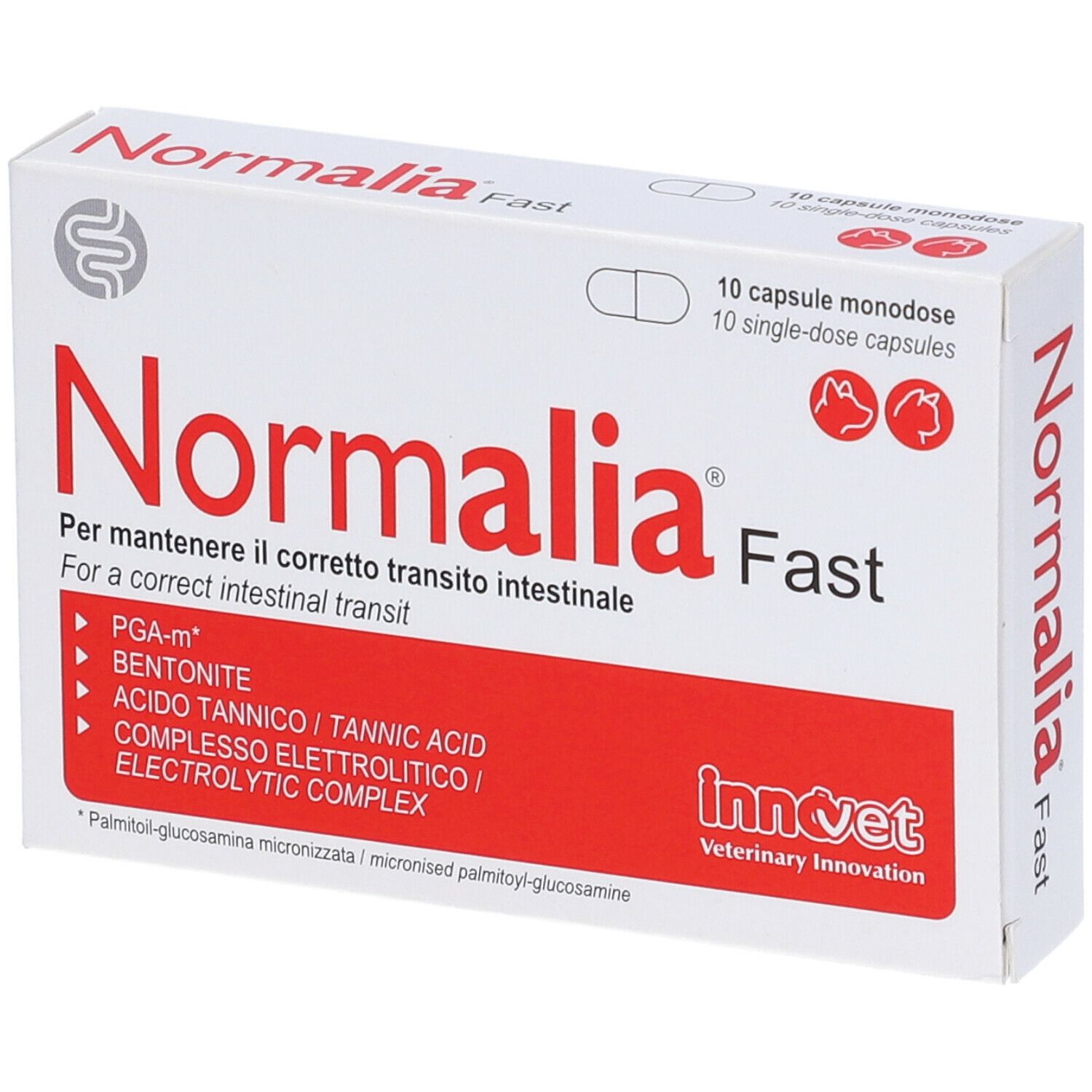 Scatola bianca e rossa Normalia Fast. Contiene 10 capsule. Marchio Innovet.
