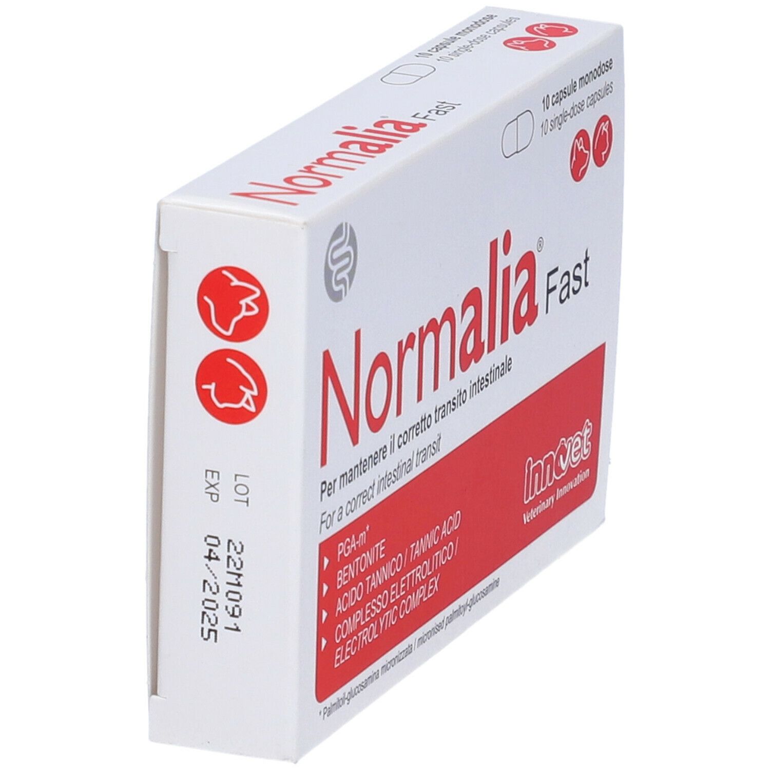 Scatola Normalia Fast, bianca e rossa. Contiene 10 capsule. Marchio Innovet. Ingredienti sul retro.
