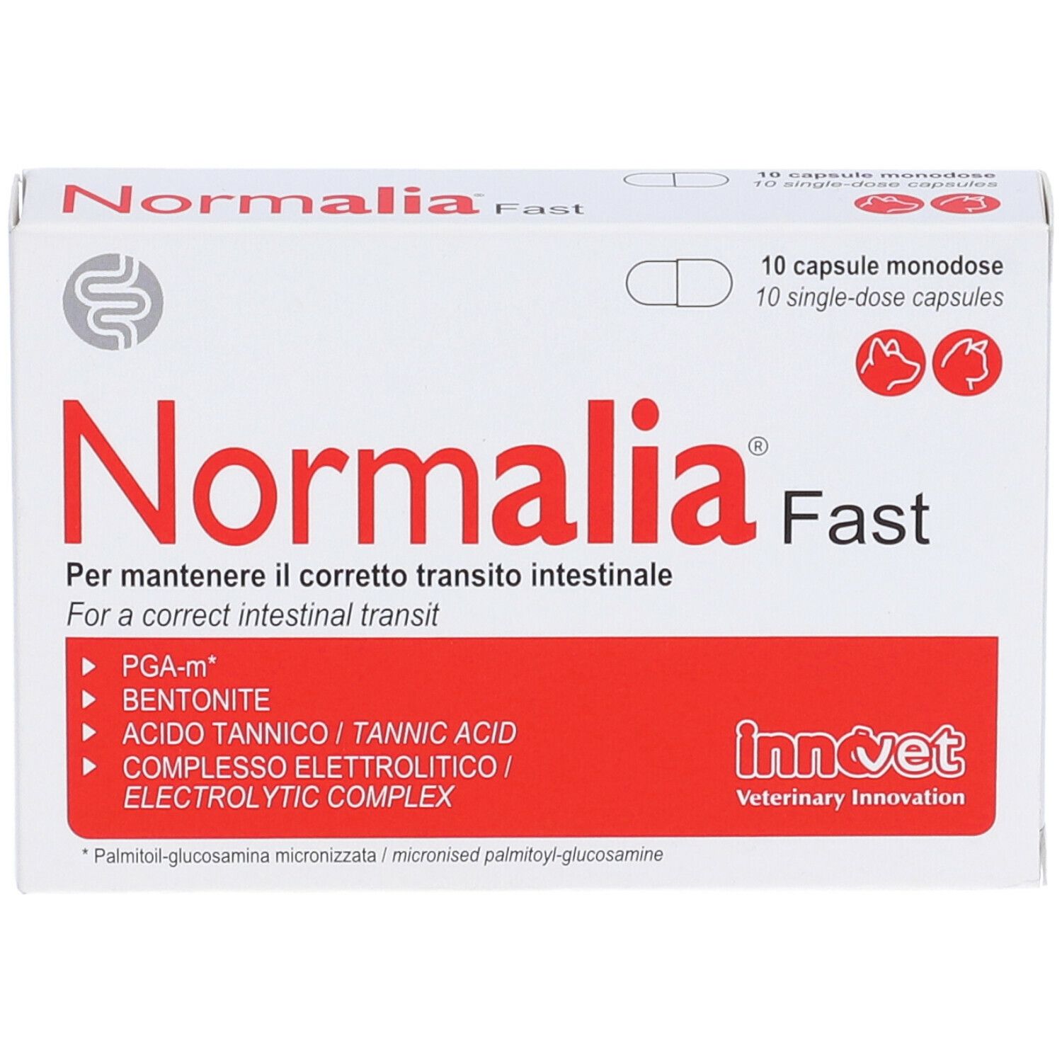 Scatola bianca e rossa Normalia Fast. Contiene 10 capsule. Marchio Innovet.