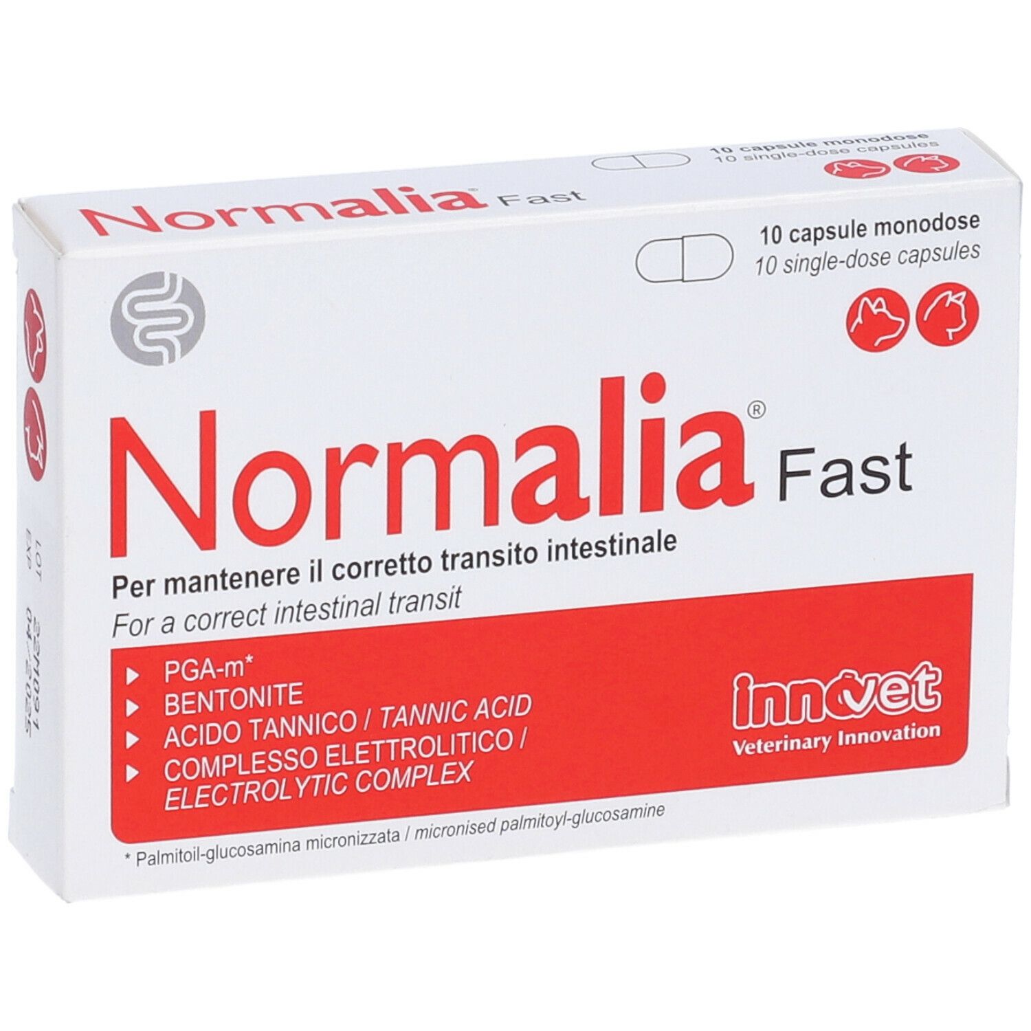 Scatola bianca e rossa Normalia Fast. Contiene 10 capsule. Marchio Innovet.