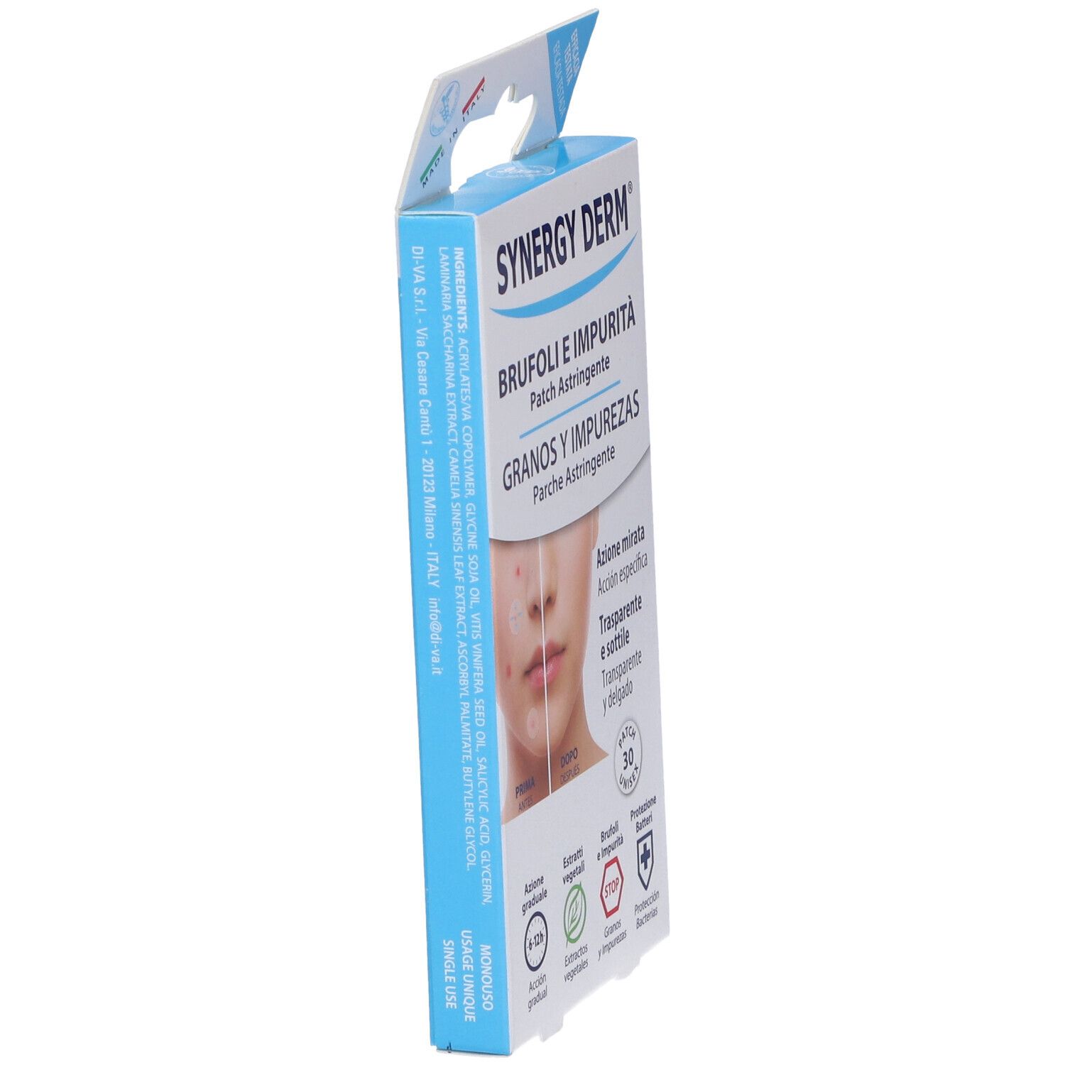 Synergy Derm Patch Brufoli Verpackung, Seitenansicht. Produktname, Beschreibung und Abbildung eines Gesichts.