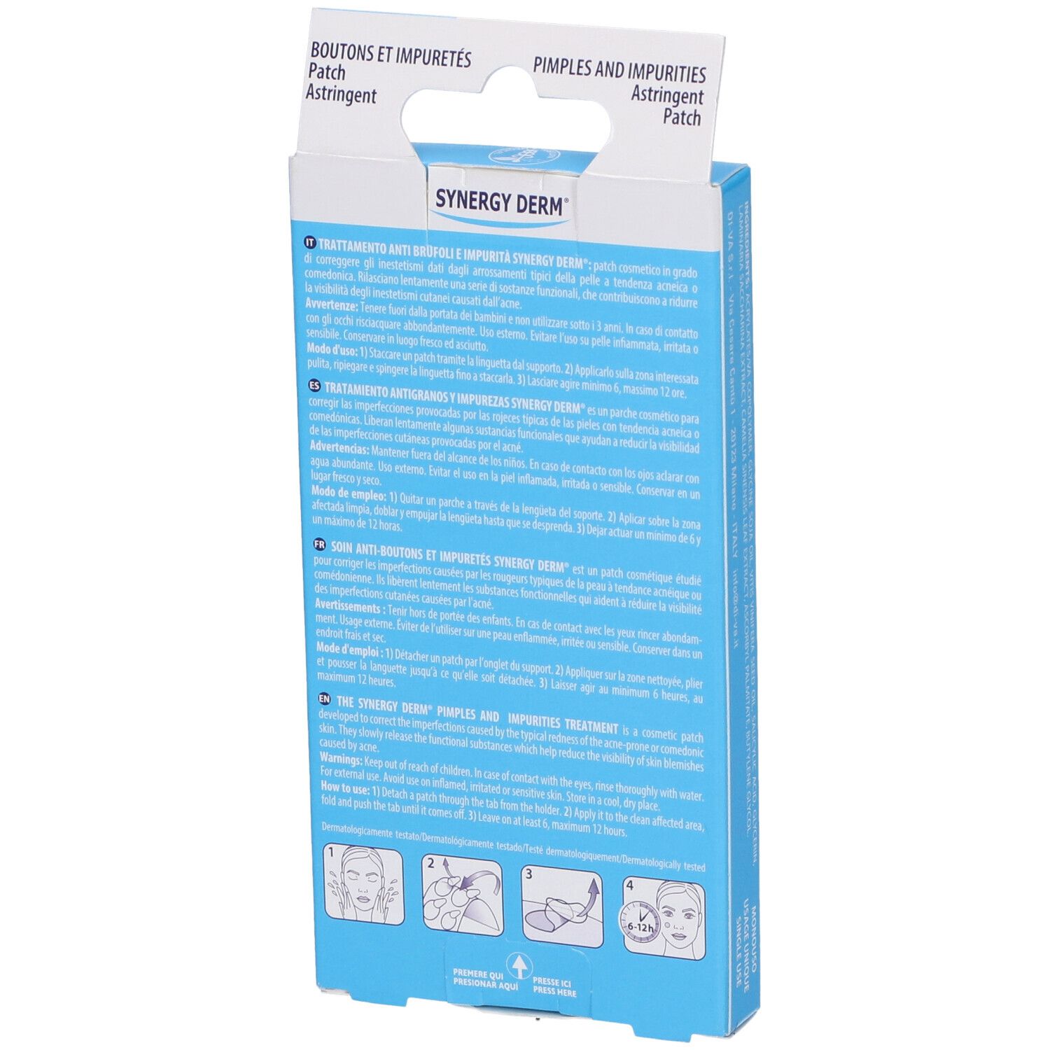 Rückseite der Synergy Derm Patch Brufoli Verpackung. Text in mehreren Sprachen, Produktinformationen und Anweisungen.