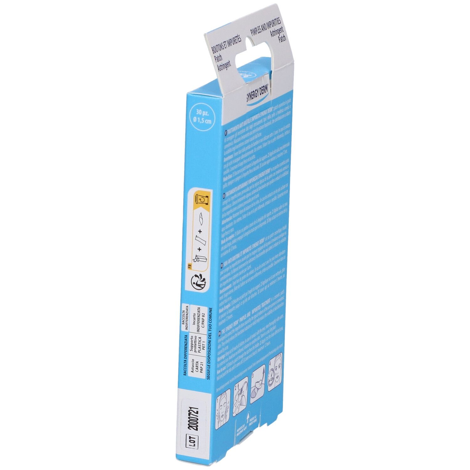 Synergy Derm Patch Brufoli Verpackung, Seitenansicht. Produktname, Beschreibung und Chargennummer.