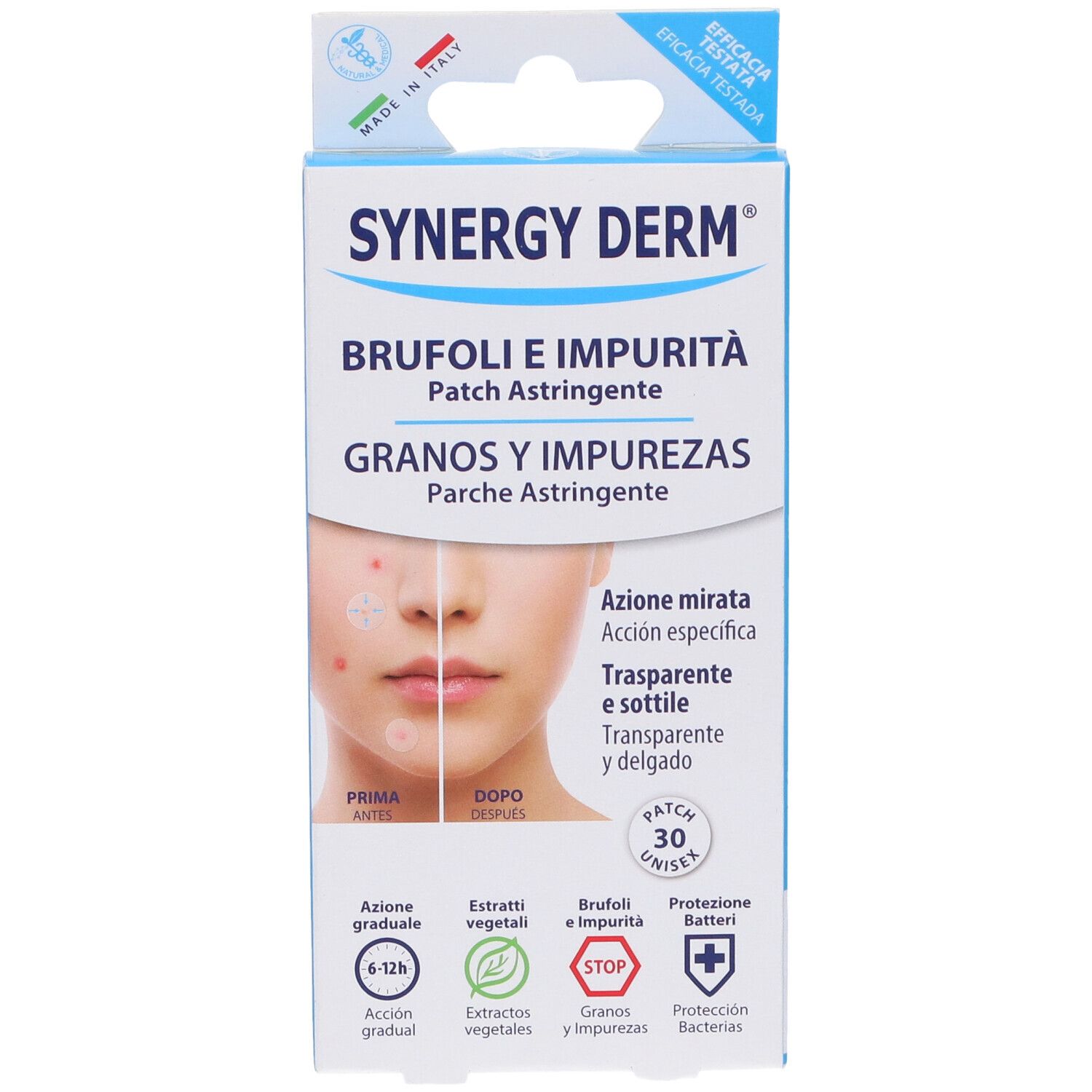Synergy Derm Patch Brufoli Verpackung. Vorderseite mit Produktnamen, Beschreibung und Abbildung eines Gesichts.