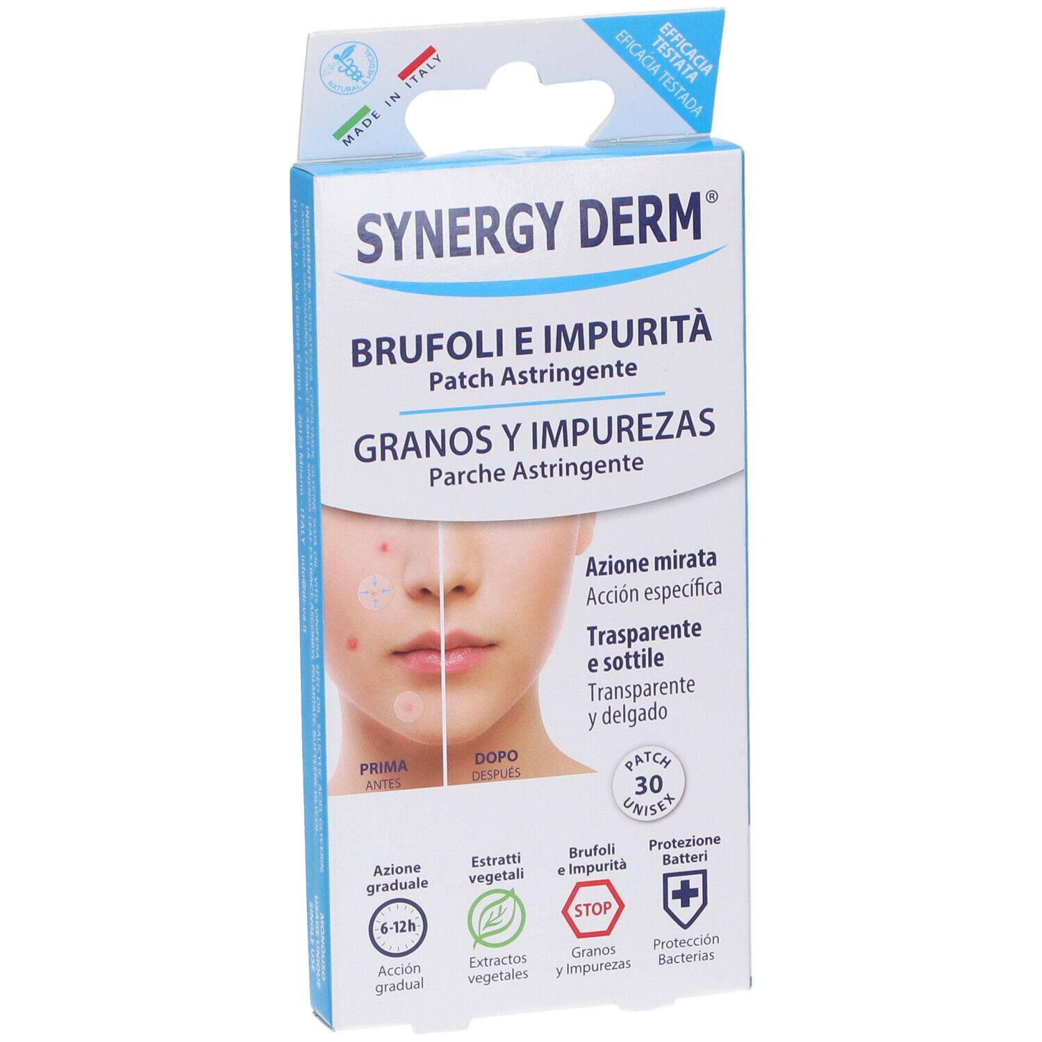 Synergy Derm Patch Brufoli Verpackung. Vorderseite mit Produktnamen, Beschreibung und Abbildung eines Gesichts.