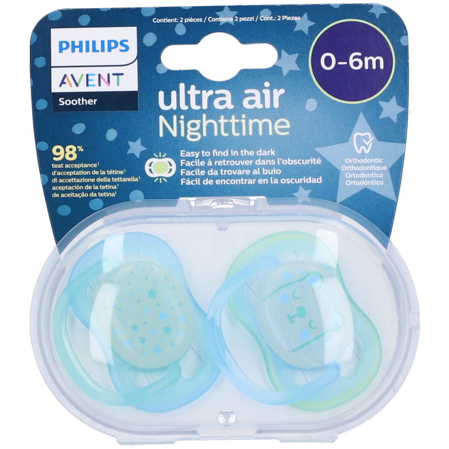 Confezione con due succhietti. Succhietti blu-verdi in una scatola trasparente. Testo: Philips Avent Ultra Air Nighttime.