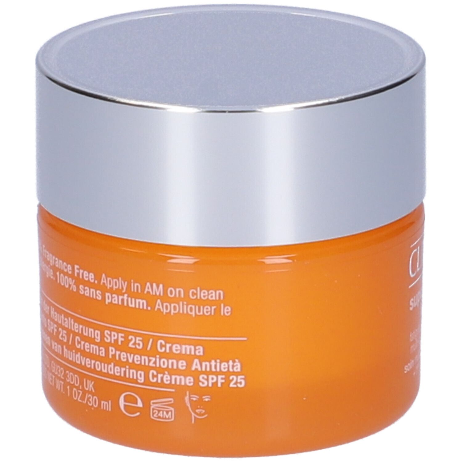 Vasetto arancione con coperchio argentato. Scritta: Clinique Superdefense SPF 25. Testo in inglese, tedesco, italiano, olandese e francese.