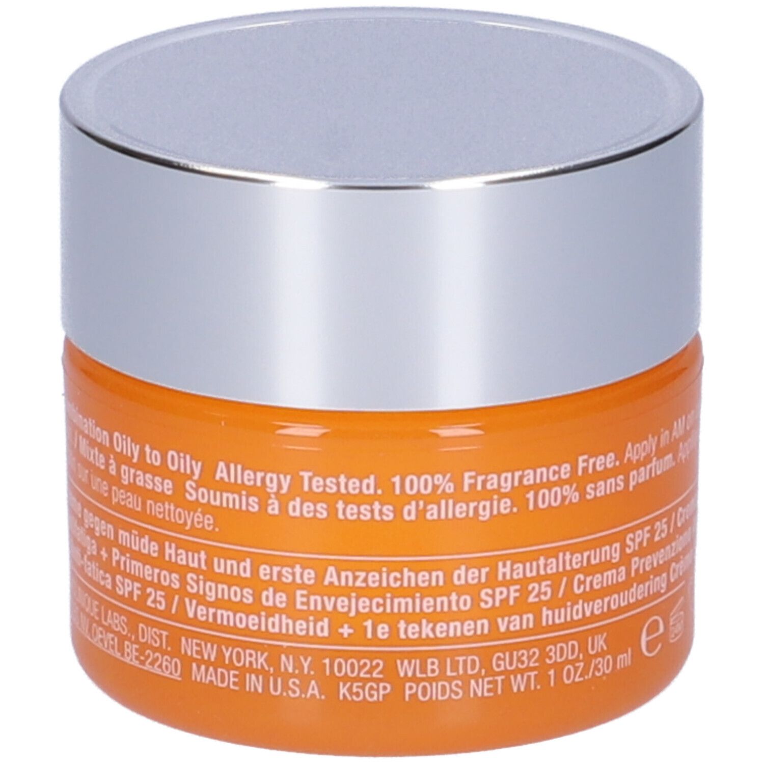 Vasetto arancione con coperchio argentato. Scritta: Clinique Superdefense SPF 25. Testo in inglese, tedesco, italiano, olandese e francese.