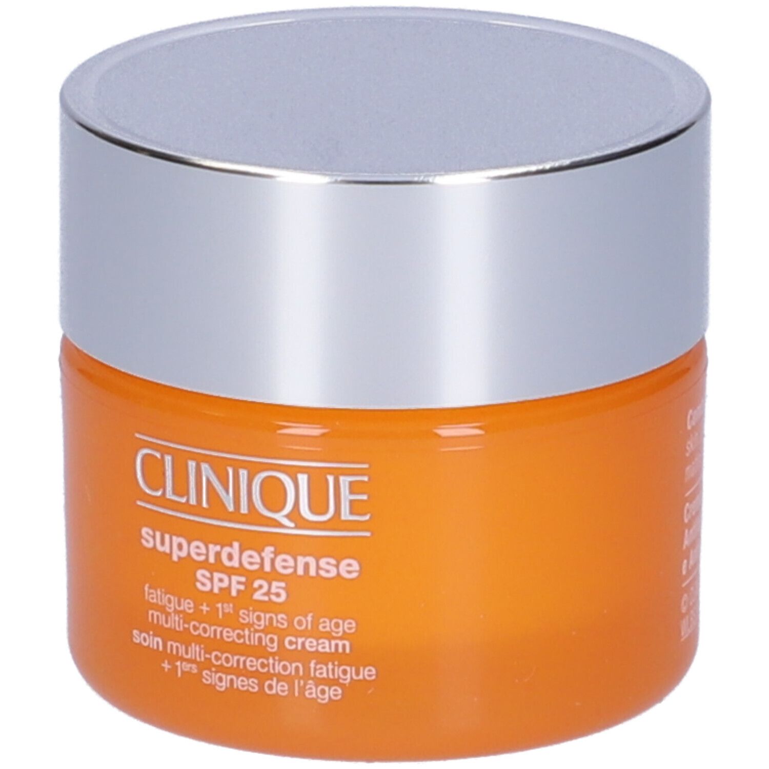 Vasetto arancione con coperchio argentato. Scritta: Clinique Superdefense SPF 25. Crema anti-fatica e primi segni dell'età.