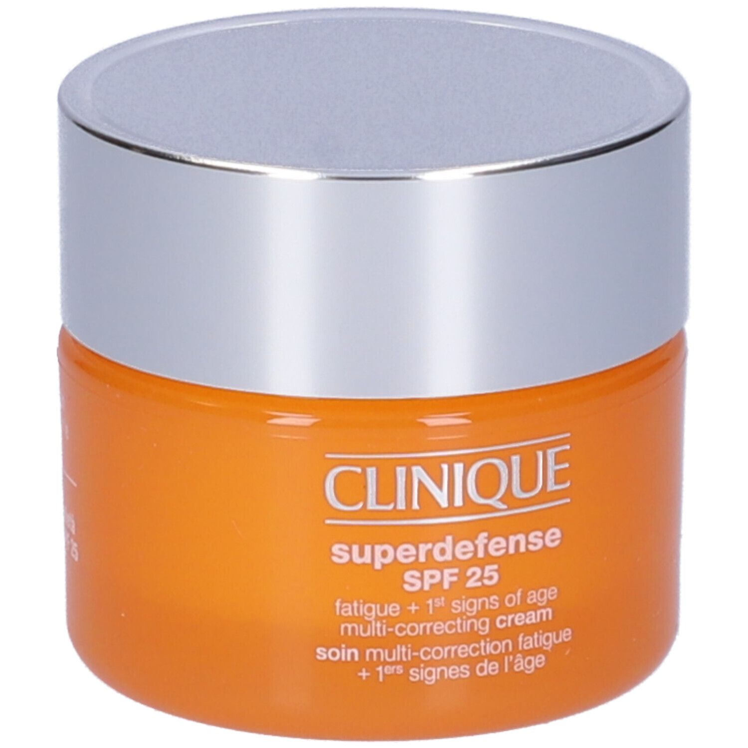 Vasetto arancione con coperchio argentato. Scritta: Clinique Superdefense SPF 25. Crema anti-fatica e primi segni dell'età.