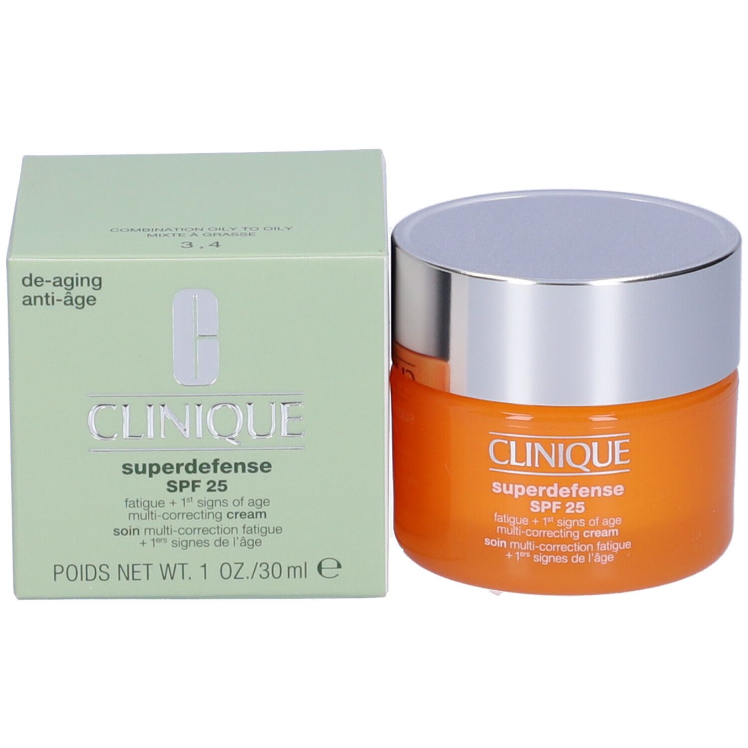 Confezione e vasetto del prodotto. Scatola verde e vasetto arancione con coperchio argentato. Scritta: Clinique Superdefense SPF 25.