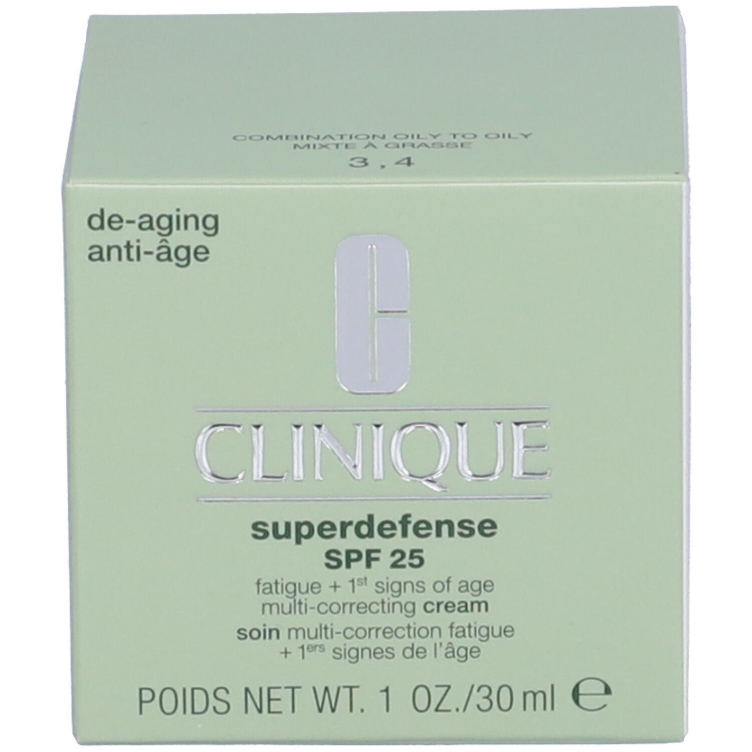 Confezione verde del prodotto. Scritta: Clinique Superdefense SPF 25. Crema anti-fatica e primi segni dell'età.