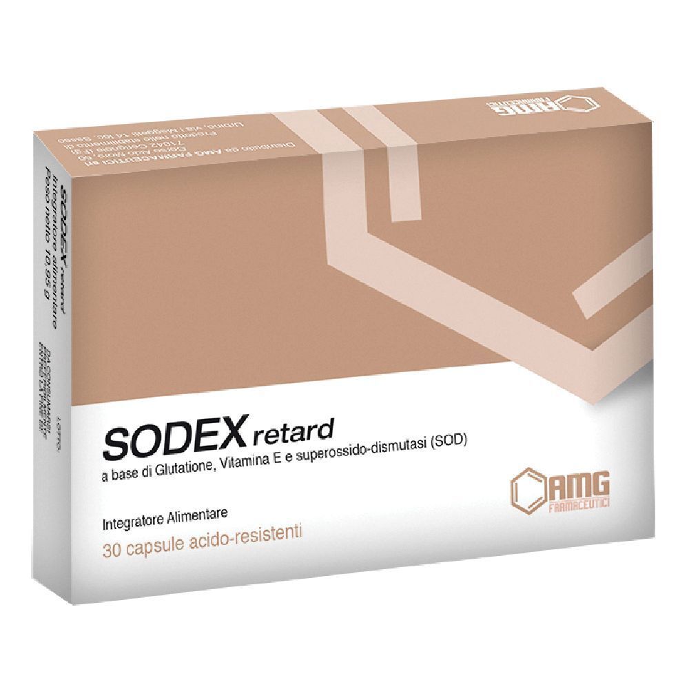 Scatola SODEX retard, 30 capsule. Scritta: a base di Glutatione, Vitamin E e superossido-dismutasi (SOD).