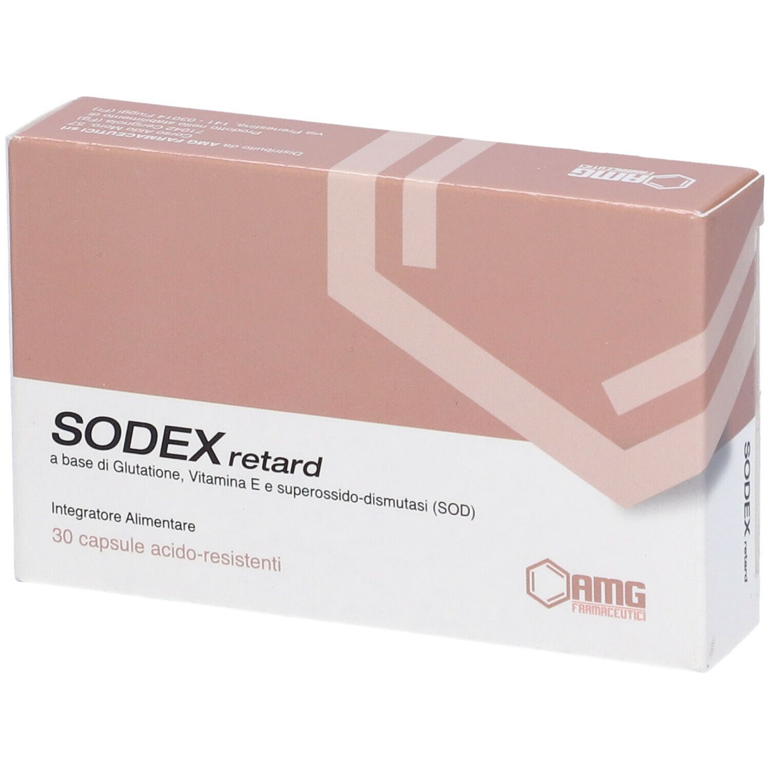 Scatola SODEX retard, 30 capsule. Scritta: a base di Glutatione, Vitamin E e superossido-dismutasi (SOD).