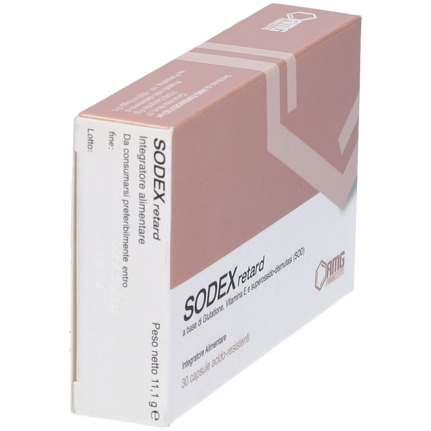 Scatola SODEX retard, 30 capsule. Scritta: a base di Glutatione, Vitamin E e superossido-dismutasi (SOD).
