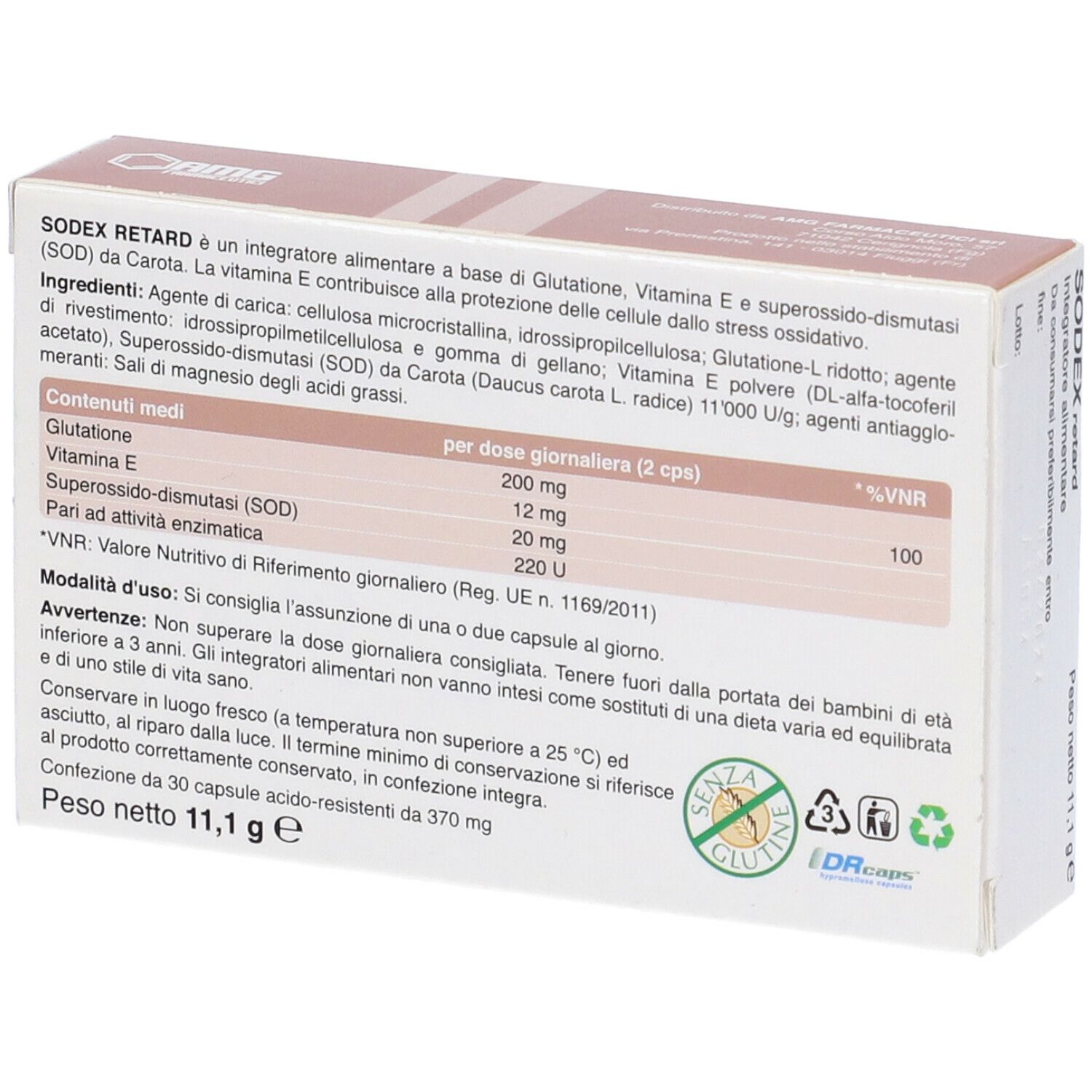 Scatola SODEX retard, 30 capsule. Scritta: a base di Glutatione, Vitamin E e superossido-dismutasi (SOD).