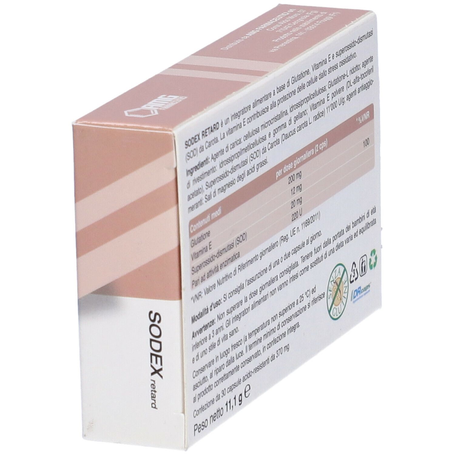 Retro della confezione SODEX retard. Contiene informazioni sugli ingredienti e l'uso.