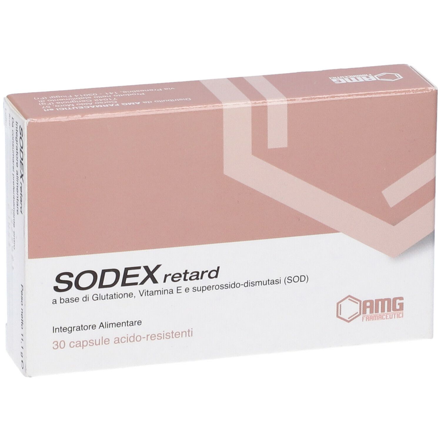 Scatola SODEX retard, 30 capsule. Scritta: a base di Glutatione, Vitamin E e superossido-dismutasi (SOD).