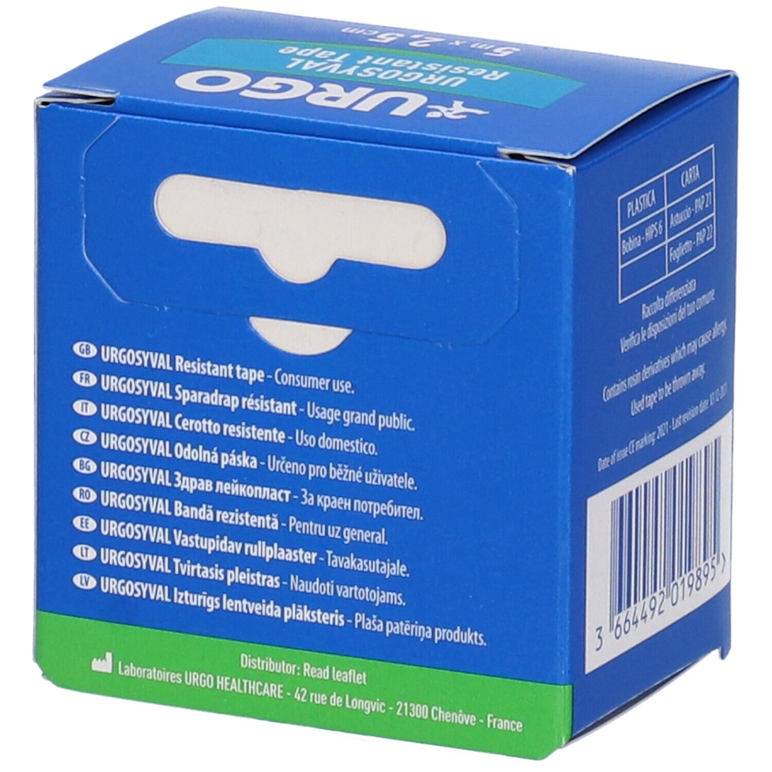 Rückseite der blauen Schachtel. Urgo-Logo, Urgosyval Resistant Tape. Mehrsprachiger Text, Herstelleradresse und Barcode.