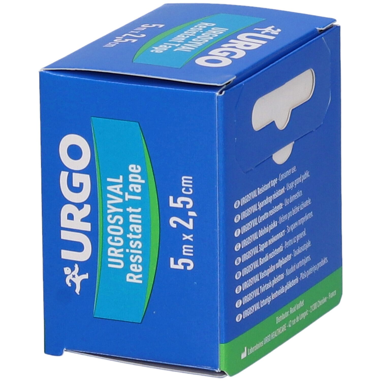 Blaue Schachtel mit Urgo-Logo und Text. Enthält Urgosyval Resistant Tape, 5m x 2,5cm. Ansicht von oben.