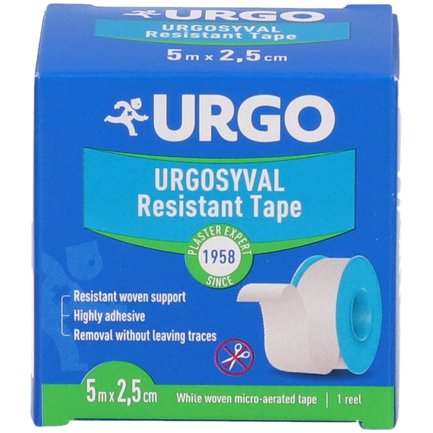 Blaue Schachtel mit Urgo-Logo und Text. Enthält Urgosyval Resistant Tape, 5m x 2,5cm. Rolle Pflaster sichtbar.