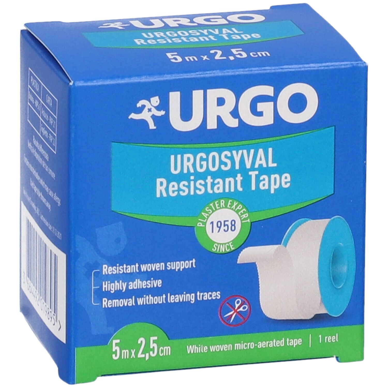 Blaue Schachtel mit Urgo-Logo und Text. Enthält Urgosyval Resistant Tape, 5m x 2,5cm. Rolle Pflaster sichtbar.