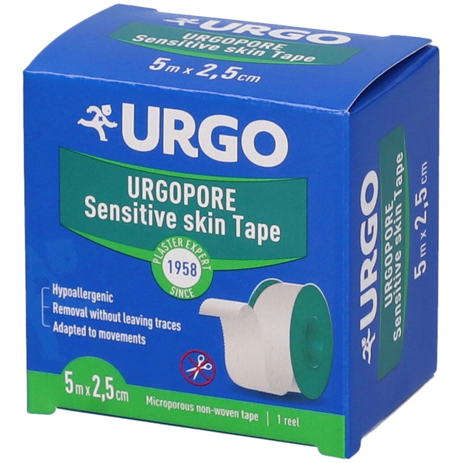 Blau-grüne Verpackung mit Urgopore Sensitive Skin Tape. Enthält eine Rolle. Maße: 5m x 2,5cm. Text: Hypoallergen, rückstandsfrei entfernbar, bewegungsfreundlich.