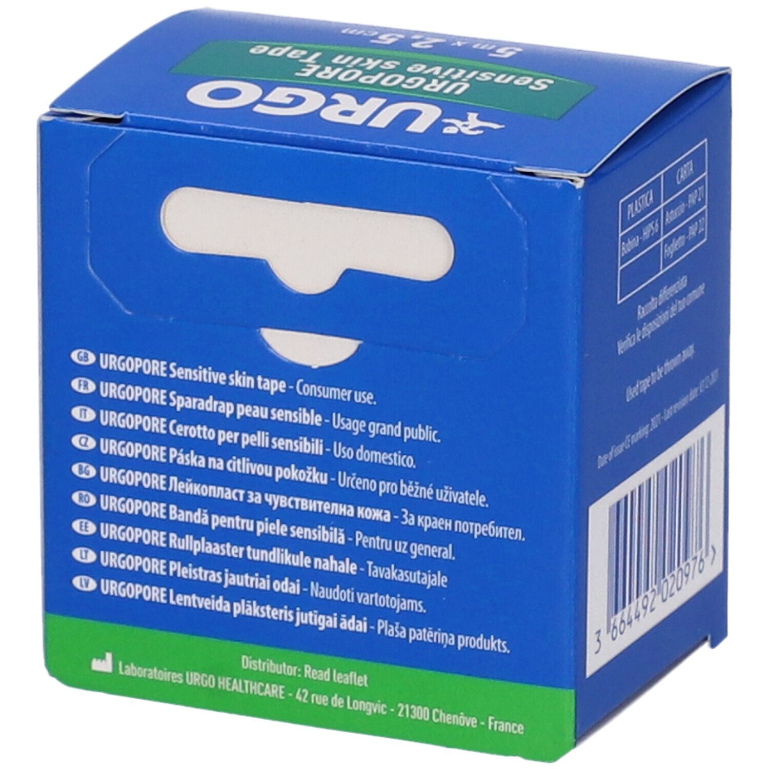 Rückseite der blauen Verpackung von Urgopore Sensitive Skin Tape. Mehrsprachige Produktbezeichnungen und Barcode.