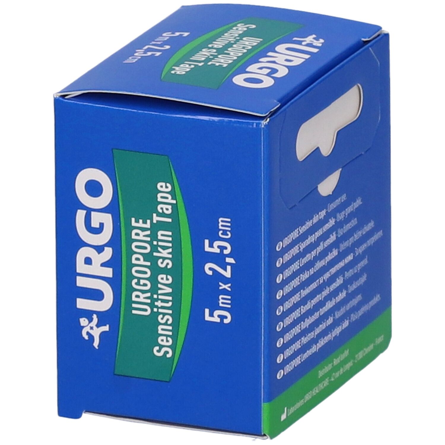 Blaue Verpackung von Urgopore Sensitive Skin Tape. Maße: 5m x 2,5cm. Logo: URGO. Produktname und Logo sind deutlich sichtbar.
