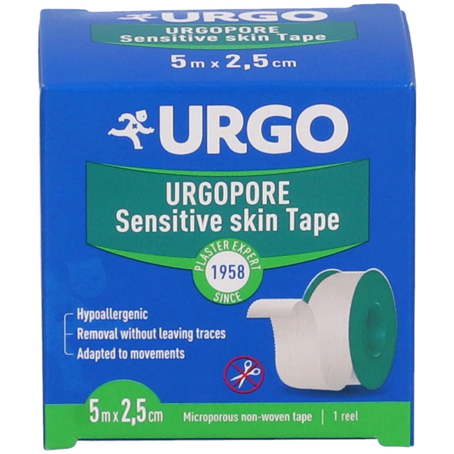 Blaue Verpackung von Urgopore Sensitive Skin Tape. Enthält eine Rolle. Maße: 5m x 2,5cm. Text: Hypoallergen, rückstandsfrei entfernbar, bewegungsfreundlich.