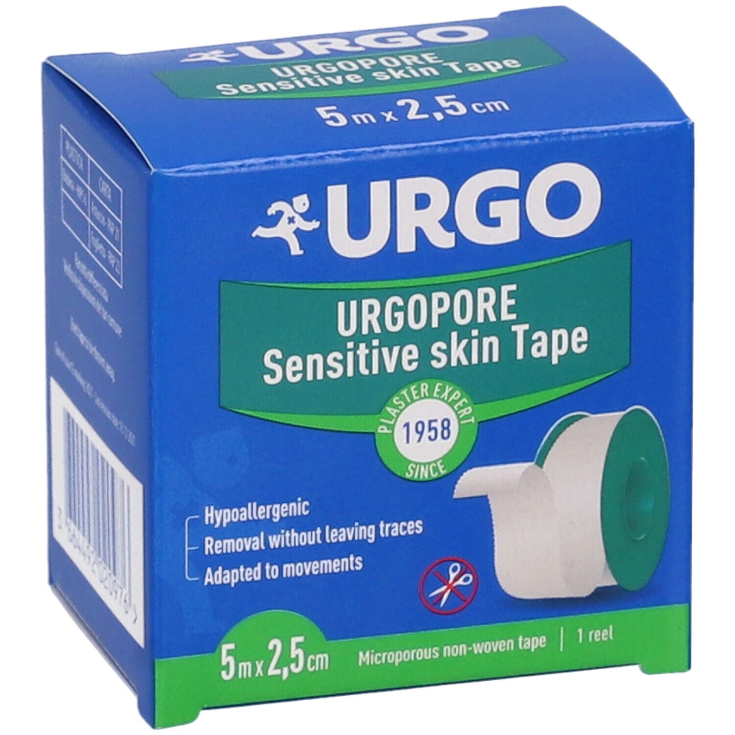 Blaue Verpackung von Urgopore Sensitive Skin Tape. Enthält eine Rolle. Maße: 5m x 2,5cm. Text: Hypoallergen, rückstandsfrei entfernbar, bewegungsfreundlich.