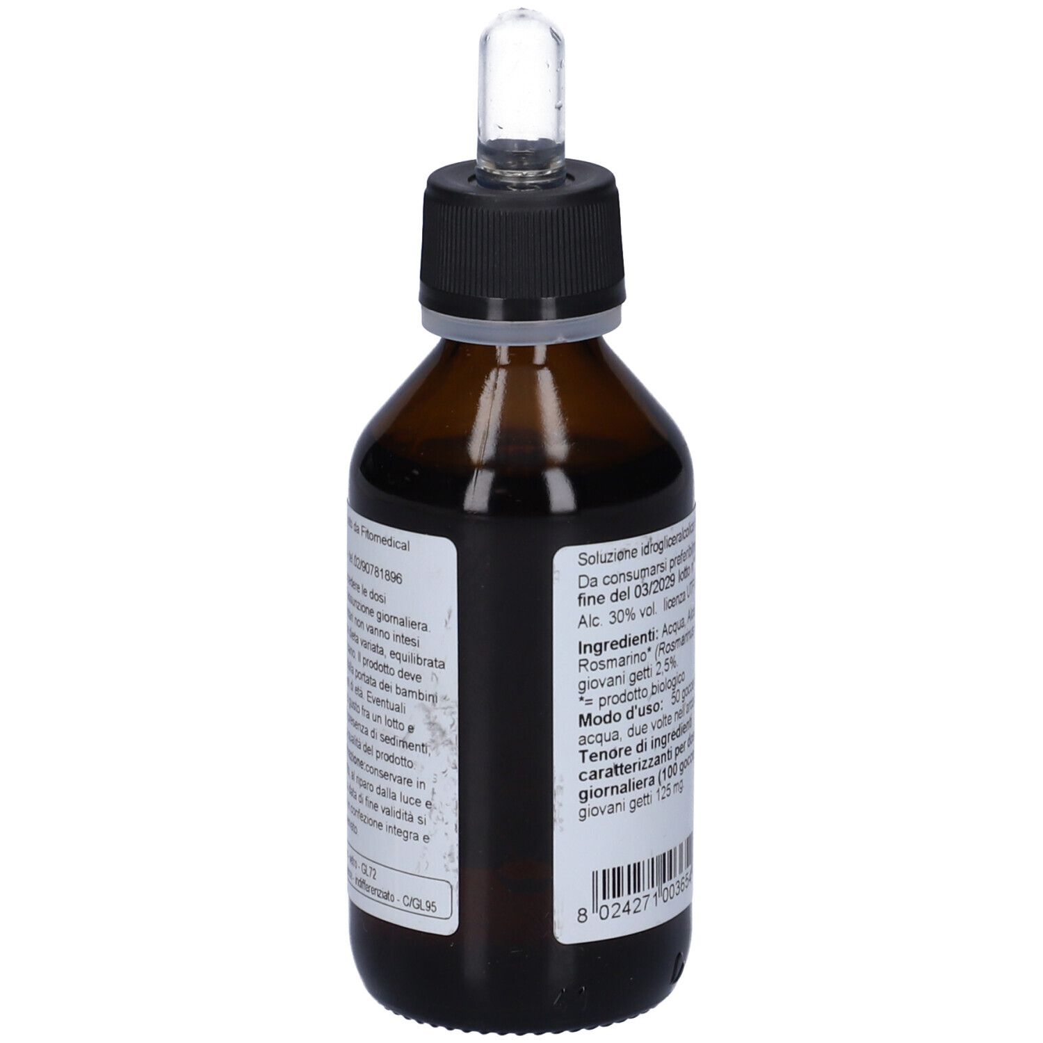 Flacone di vetro marrone con tappo nero e pipetta. Etichetta con testo e logo. Certificazione biologica.