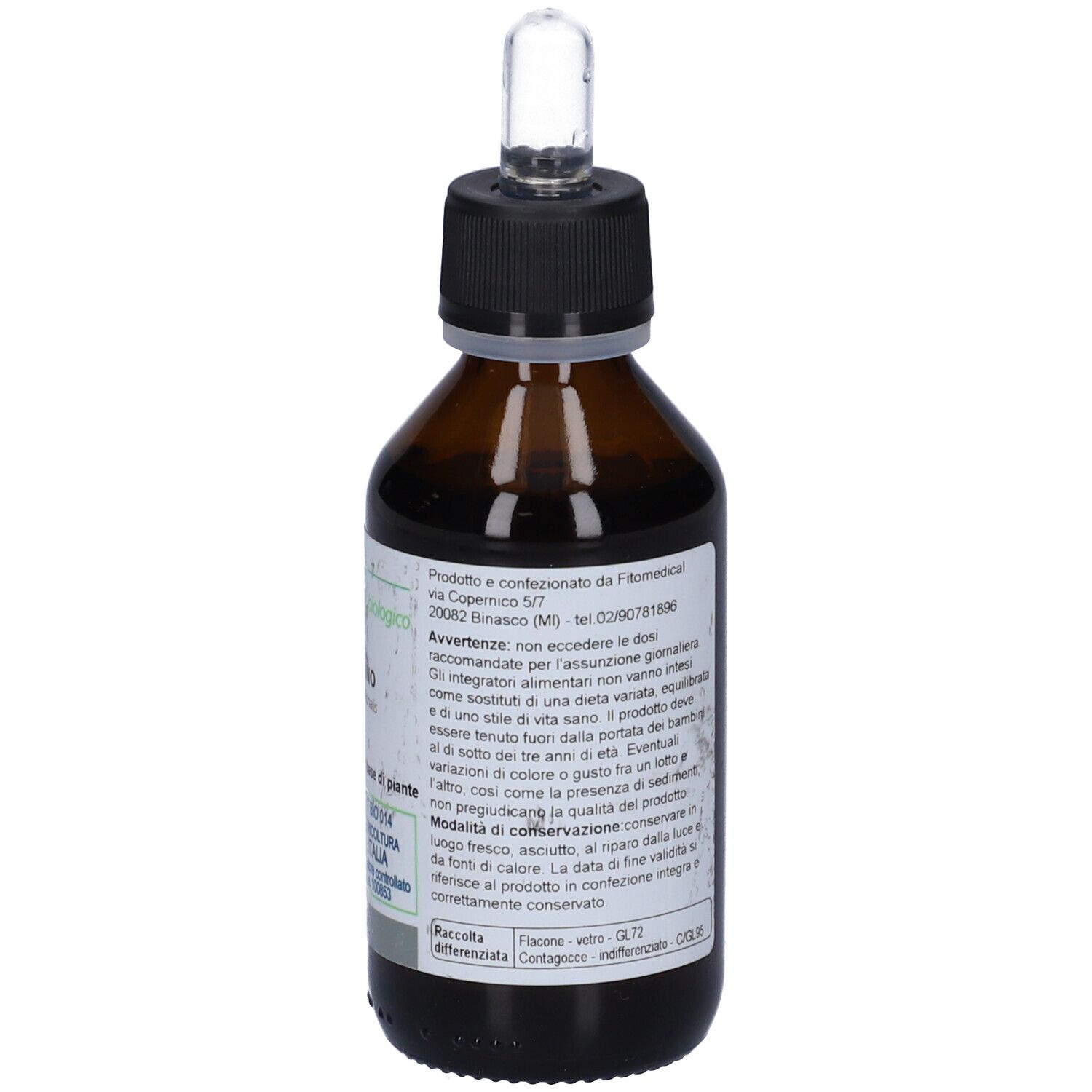 Flacone di vetro marrone con tappo nero e pipetta. Etichetta con testo e logo. Certificazione biologica.