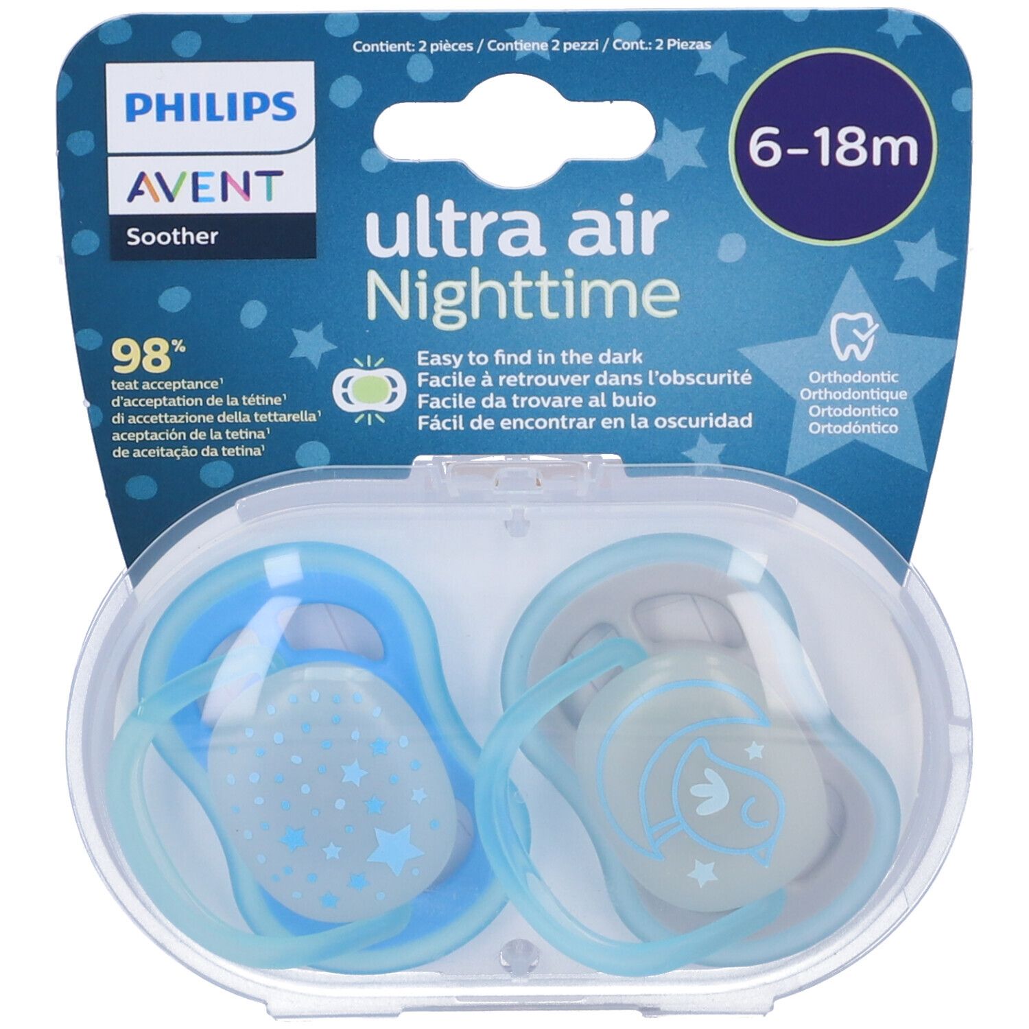 Confezione con due succhietti blu. Sulla confezione 'Philips Avent Ultra Air Nighttime' e '6-18m'.