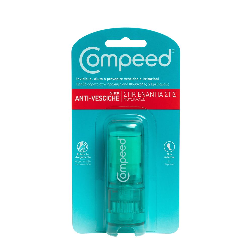 Compeed Anti-Blasen Stick in Blisterverpackung. Türkis-weiße Verpackung mit Produkt und Markenlogo. Sichtbarer Stick.