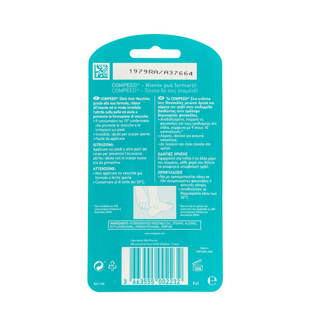 Rückseite der Compeed Anti-Blasen Stick Verpackung. Text in mehreren Sprachen. Barcode und Produktinformationen.
