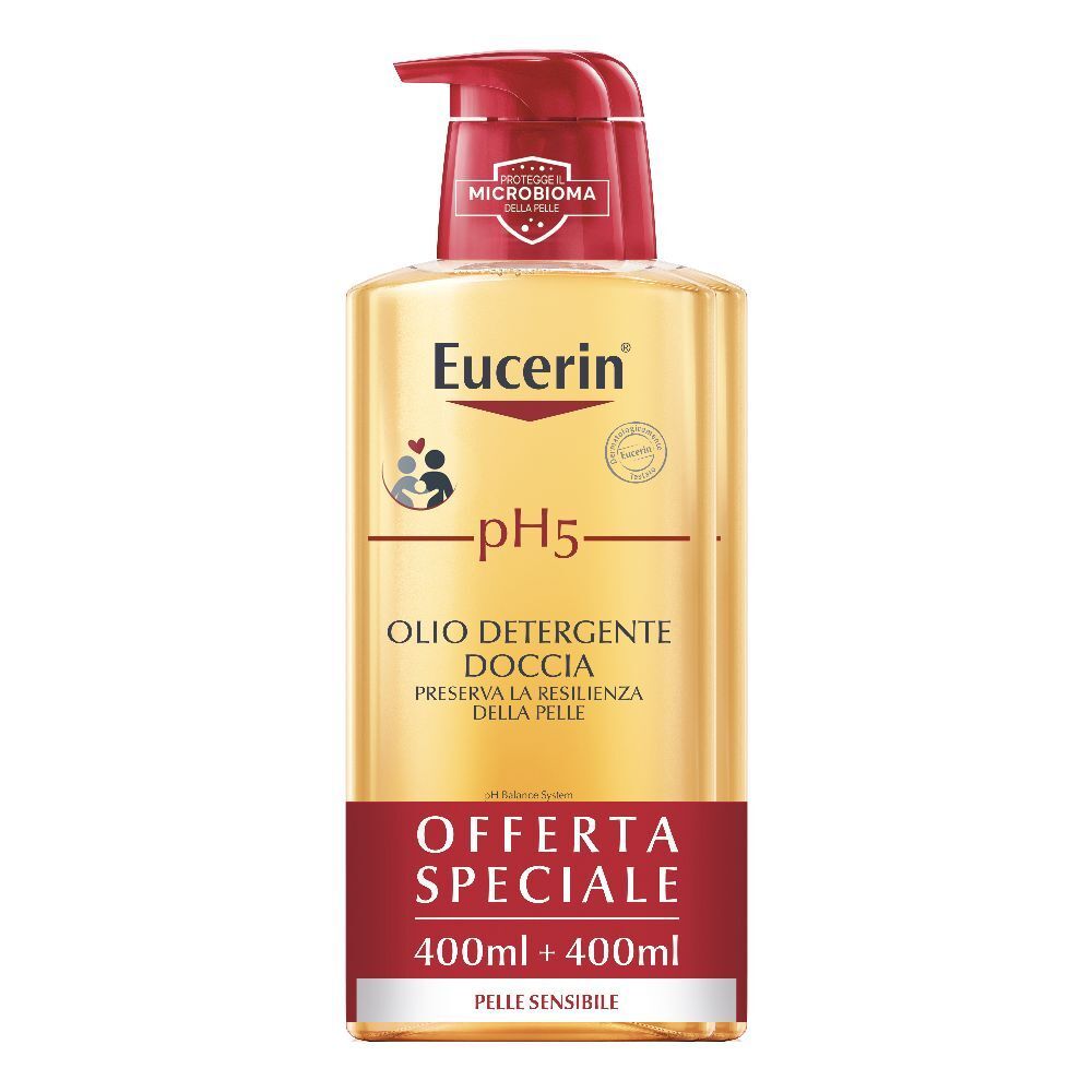 Flacone Eucerin pH5 Duschöl con dosatore rosso. Etichetta con informazioni e logo.