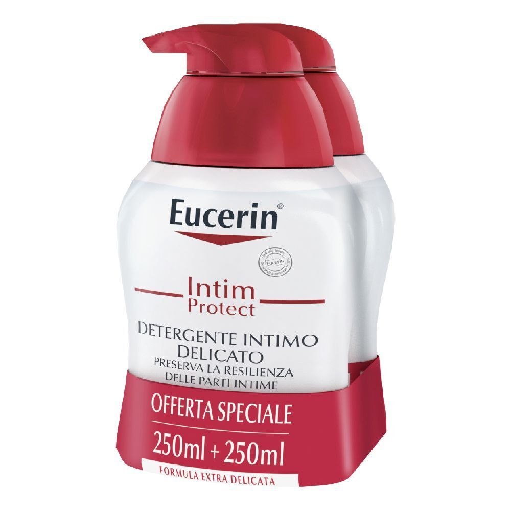 Due flaconi di Eucerin Intim Protect. Flaconi bianchi con erogatore rosso. Scritta: 'Detergente Intimo Delicato'.