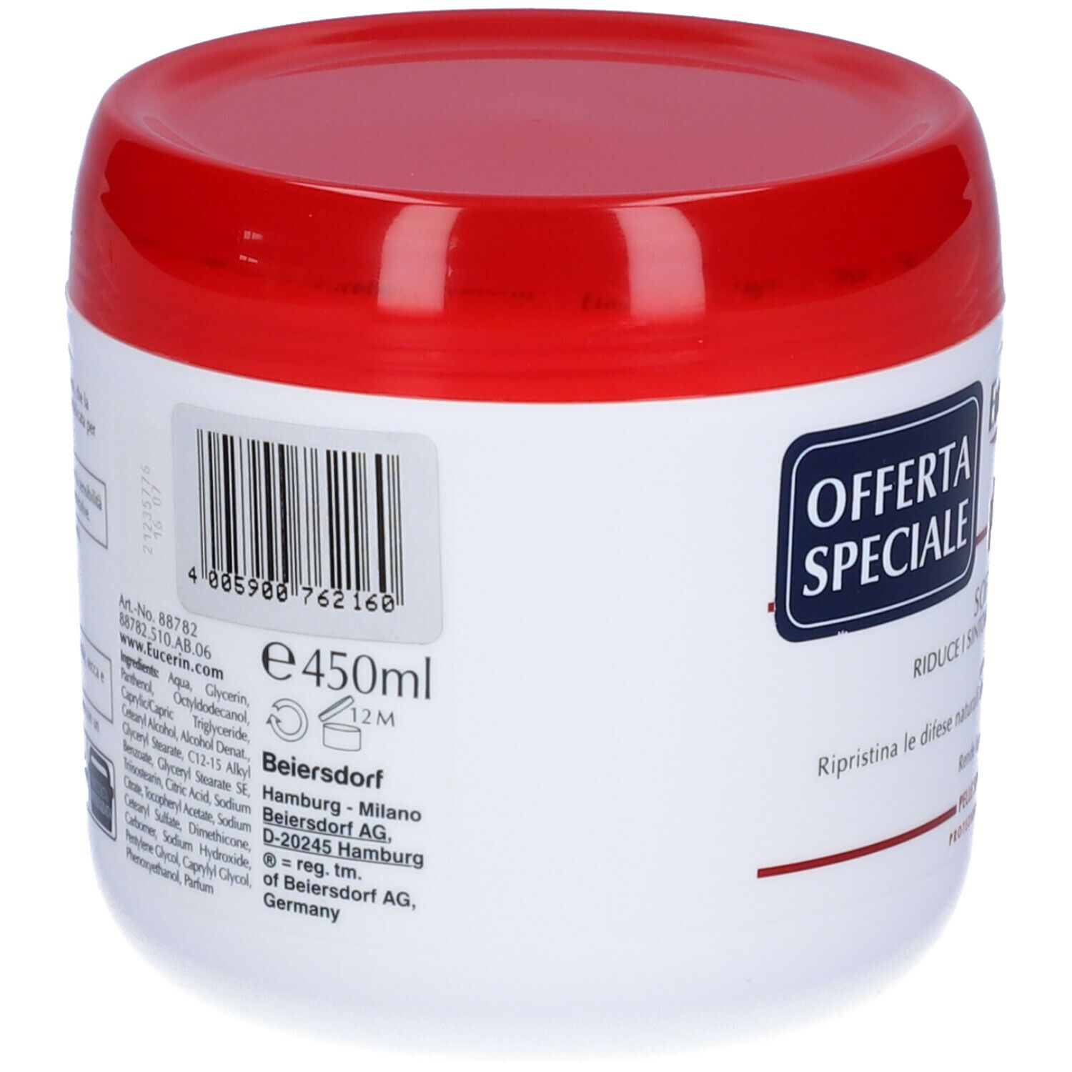 Retro di un vaso bianco con coperchio rosso. Codice a barre e testo in italiano. Scritta: e 450ml.