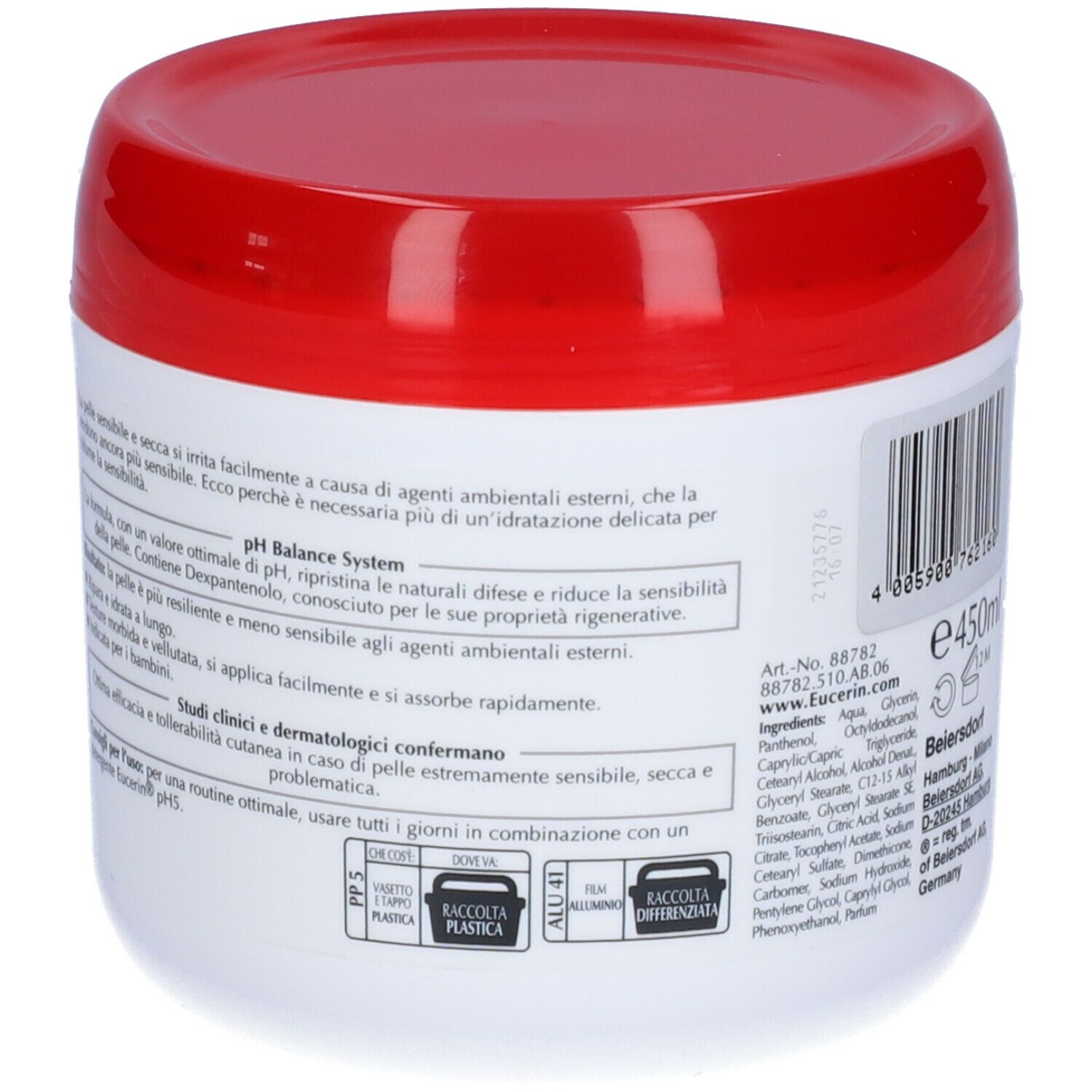 Retro di un vaso bianco con coperchio rosso. Testo in italiano. Scritta: e 450ml.