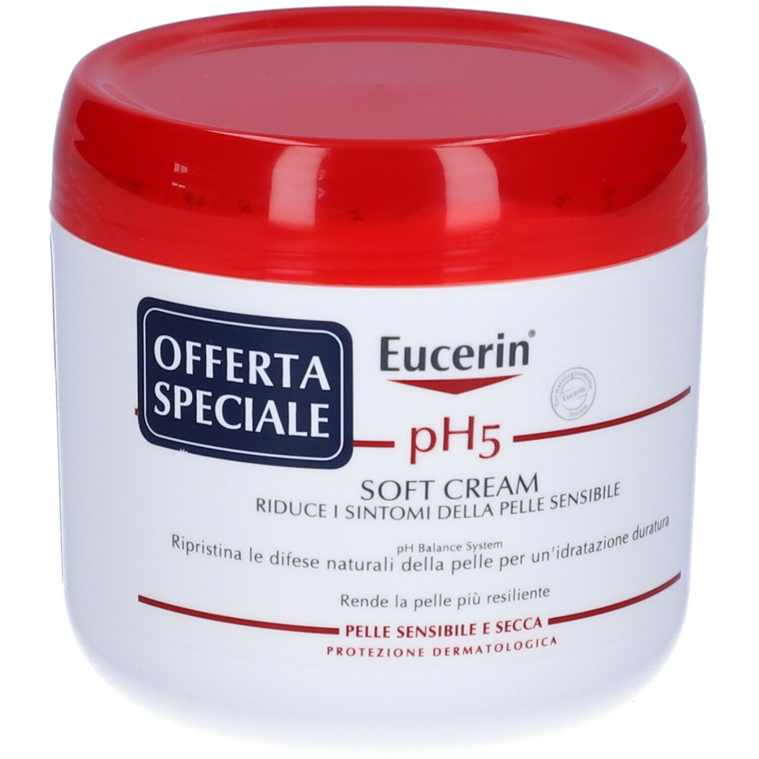 Vaso bianco con coperchio rosso. Scritta: Eucerin pH5 Soft Cream, Offerta speciale. Testo in italiano.