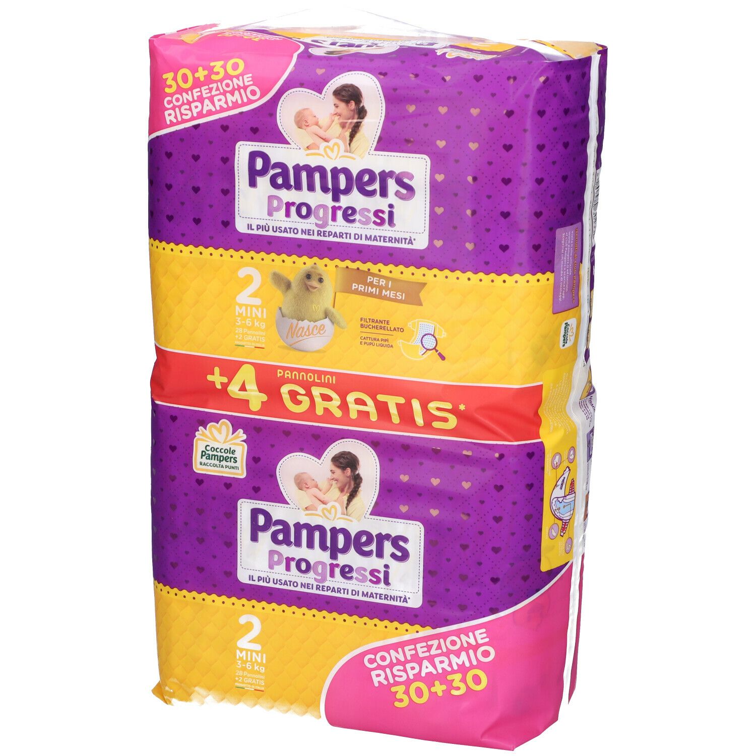 Confezione Pampers Progressi 2 Minin. Imballaggio viola e giallo con informazioni e logo del prodotto.